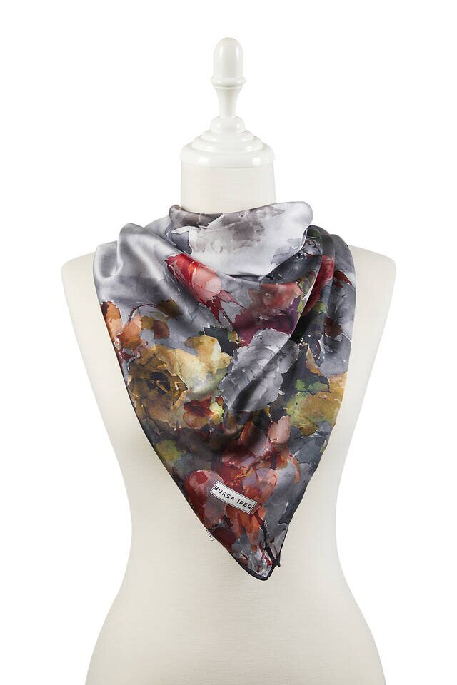 Black Floral Pattern Silky Square Scarf - 2