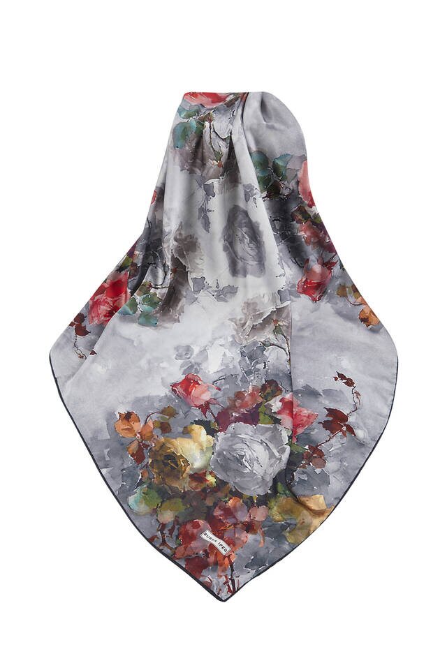 Black Floral Pattern Silky Square Scarf - 3