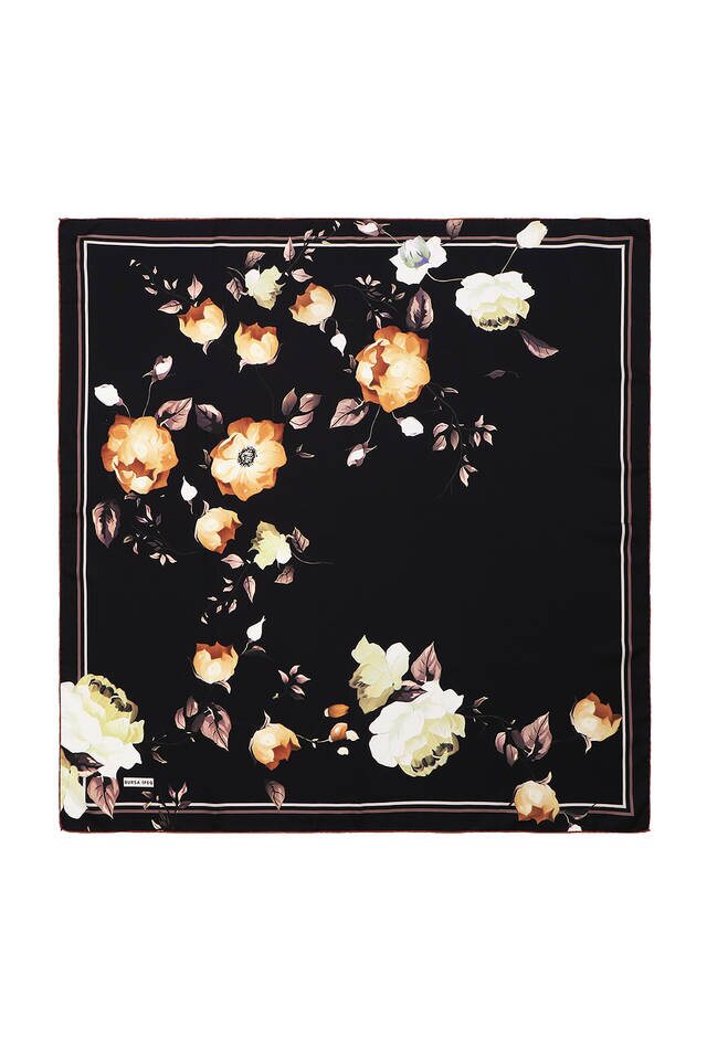 Black Floral Twill Silk Square Scarf - 2