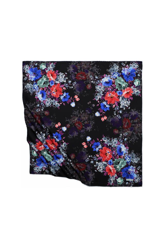 Black Geranium Pattern Silky Square Scarf 