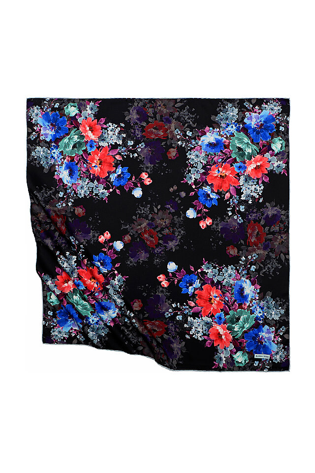 Black Geranium Pattern Silky Square Scarf 