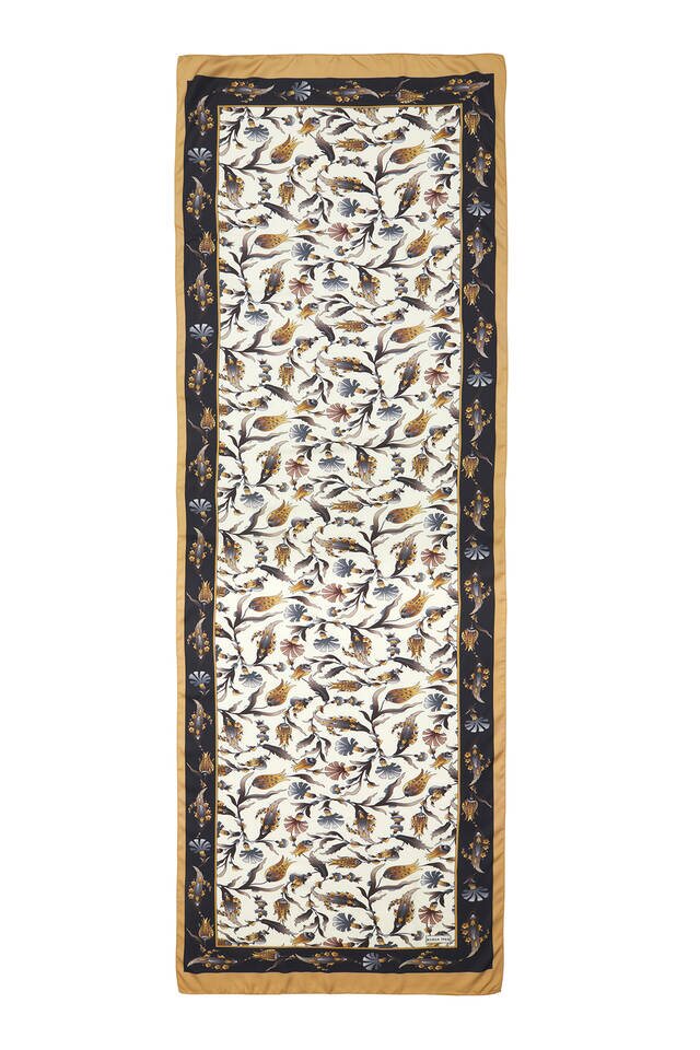 Black Gold Carnation Tulip Pattern Wide Silky Foulard - 4