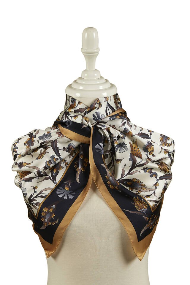 Black Gold Carnation Tulip Pattern Wide Silky Foulard - 2
