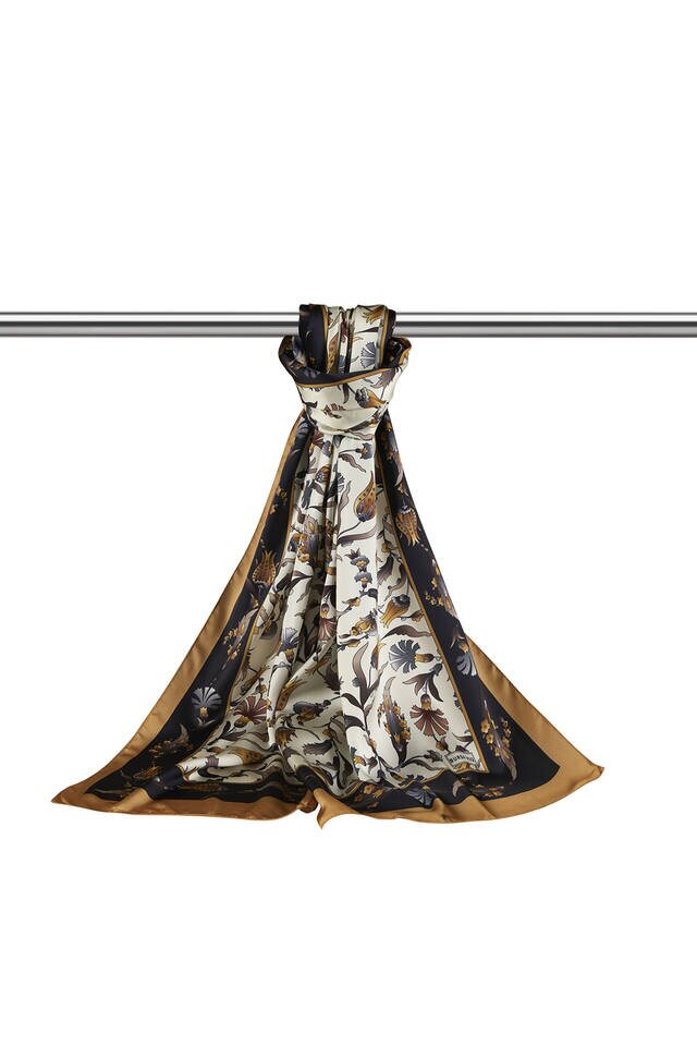 Black Gold Carnation Tulip Pattern Wide Silky Foulard - 3