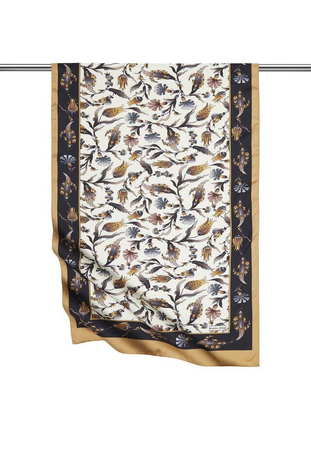 Black Gold Carnation Tulip Pattern Wide Silky Foulard 