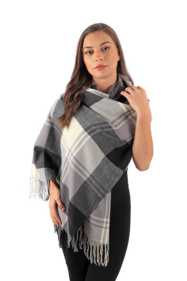 Black Gray Patterned Winter Shawl - 2