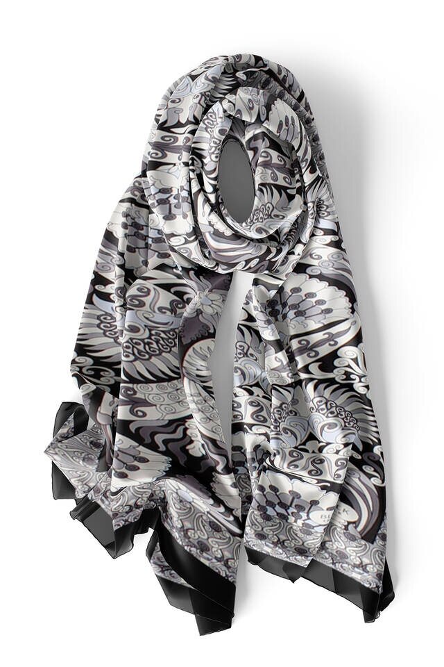 Black Gray Peacock Narrow Silk Foulard - 3