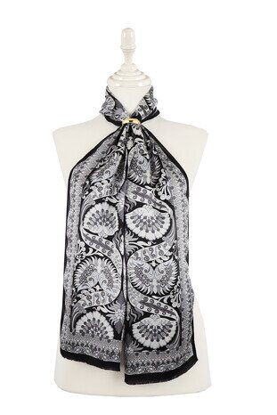 Black Gray Peacock Narrow Silk Foulard 