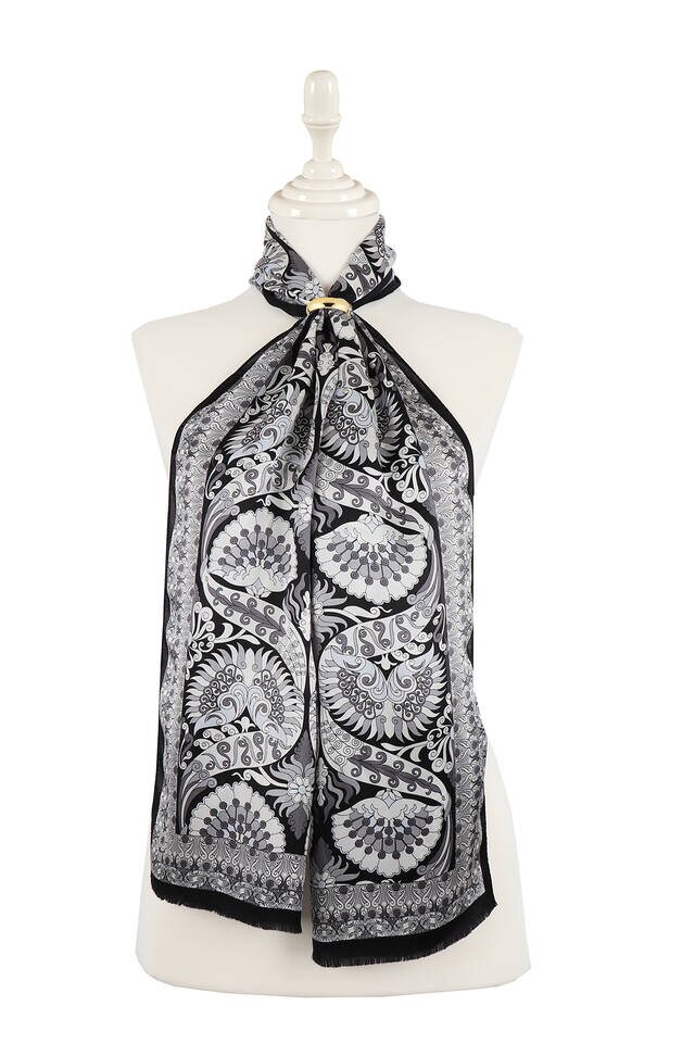 Black Gray Peacock Narrow Silk Foulard - 1