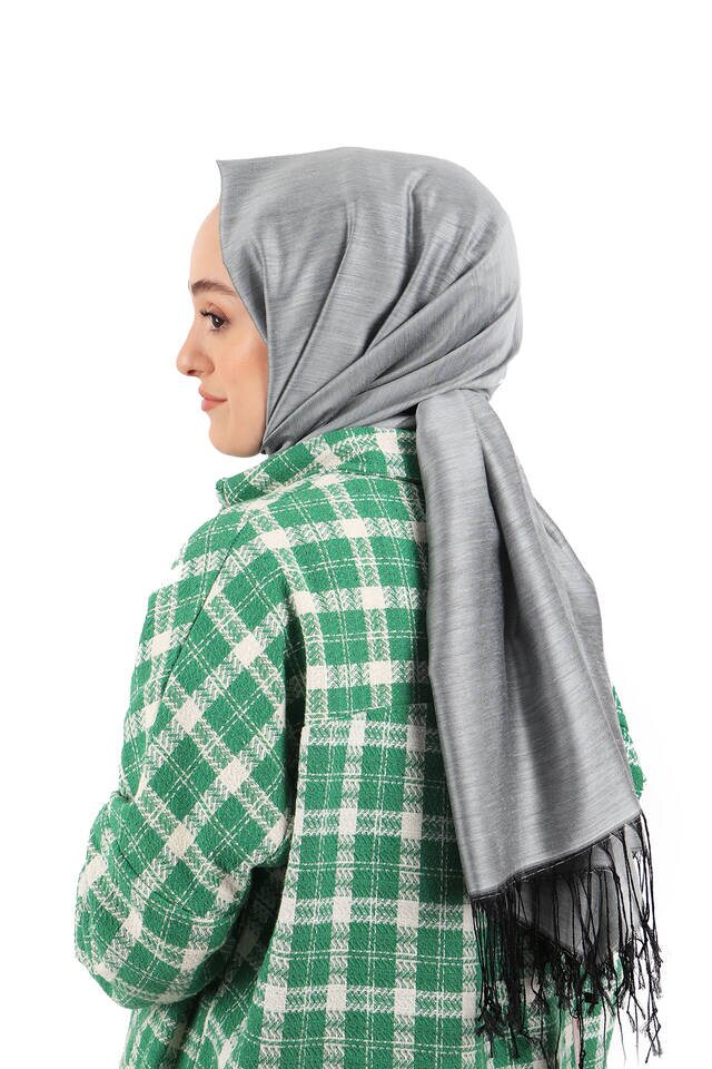 Black Gray Silk Look Scarf - Bursa İpek