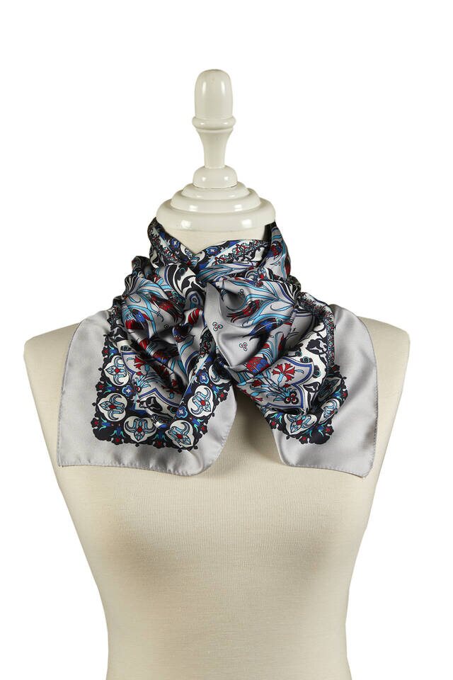 Black Gray Tile Tulip Pattern Narrow Silky Foulard - 2