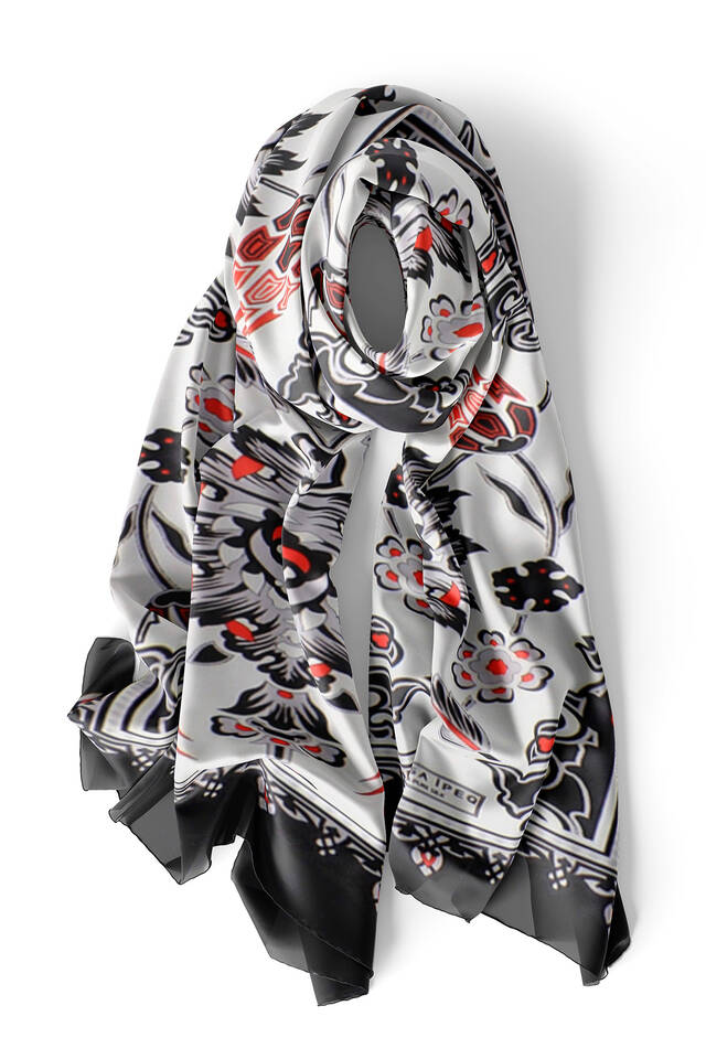 Black Gray Tile Tulip Voile Silk Foulard - 3