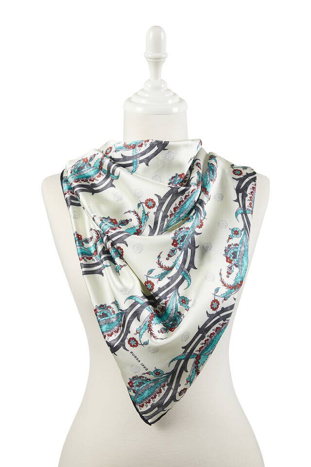 Black Gray Turkish Motif Ivy Pattern Silk Square Scarf - 2