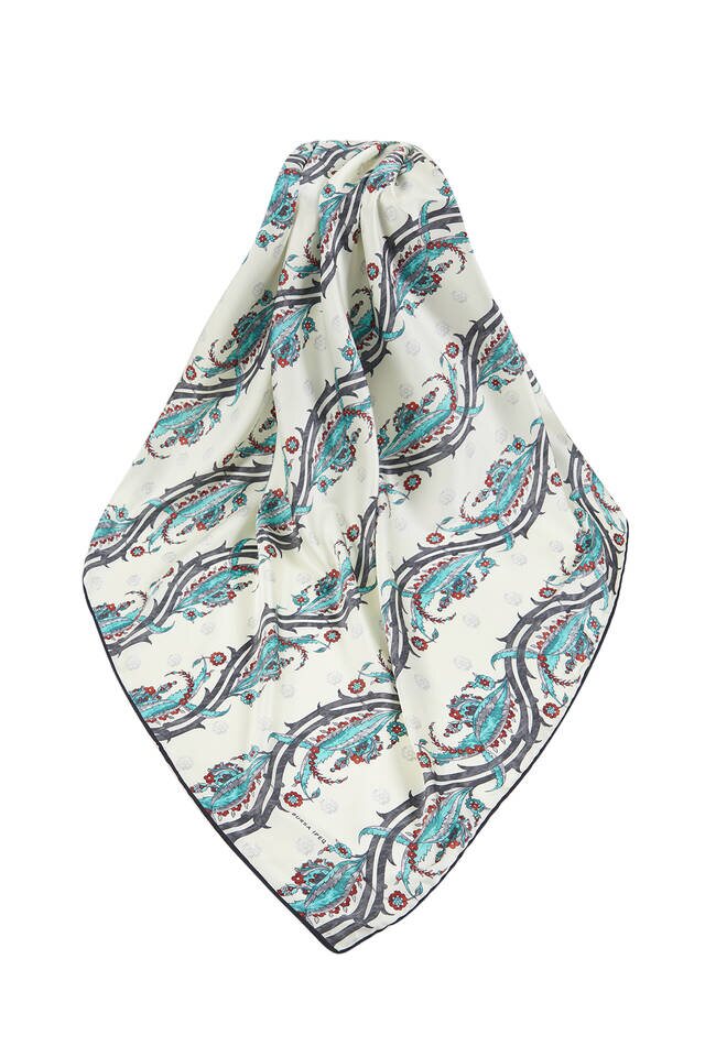 Black Gray Turkish Motif Ivy Pattern Silk Square Scarf - 3