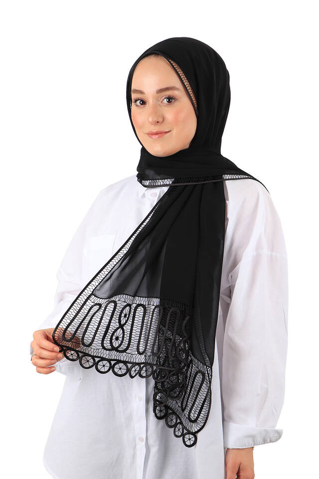 Black Handcrafted Lace Angles Scarf - 2