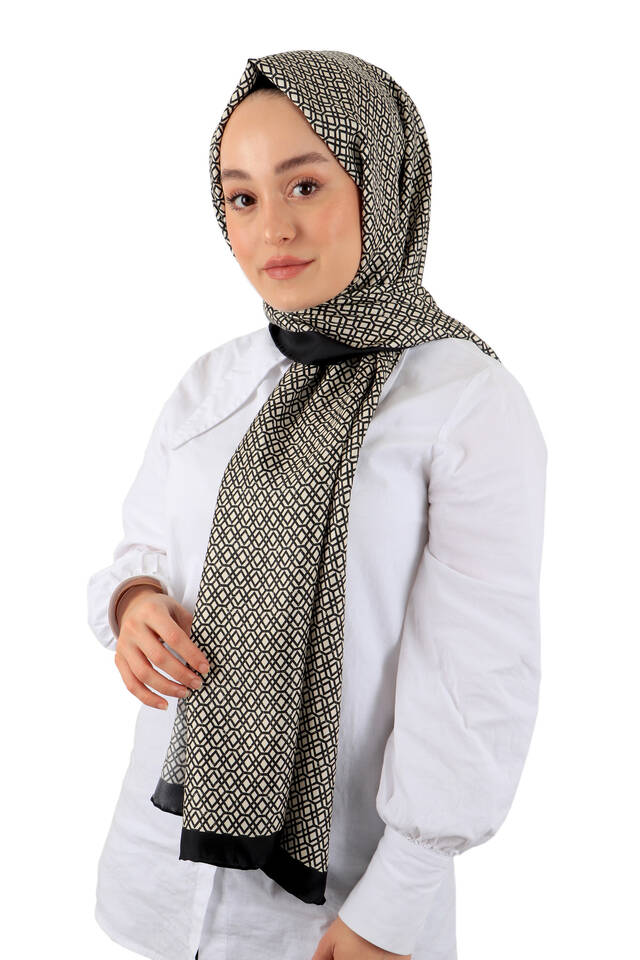 Black Honeycomb Pattern Twill Silk Scarf - 3