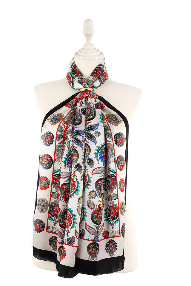 Black Iznik Pattern Narrow Silk Foulard - Bursa İpek