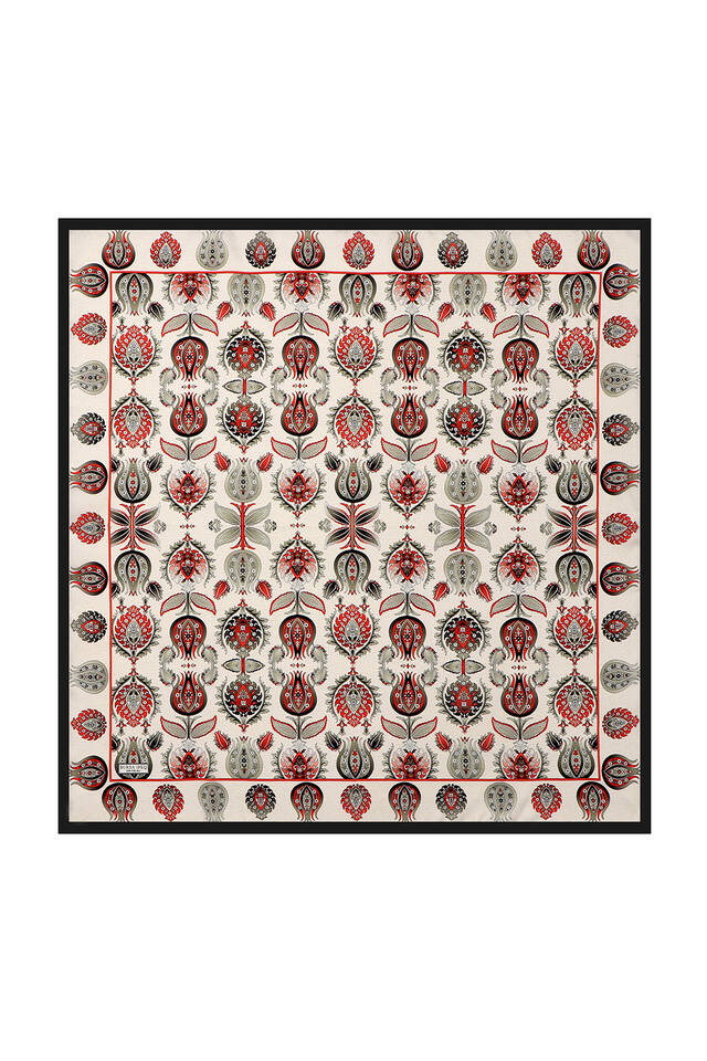 Black Iznik Pattern Silk Square Scarf - 2