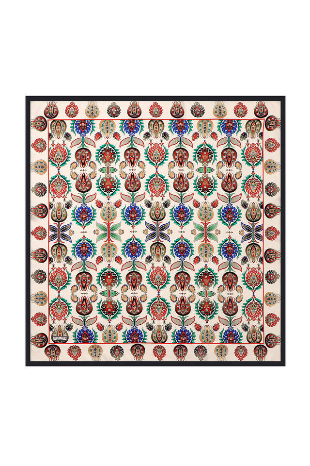 Black Iznik Pattern Silk Square Scarf - 2