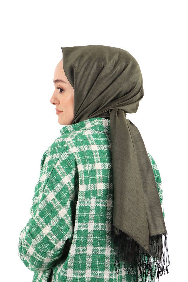 Black Khaki Silk Look Scarf - Bursa İpek