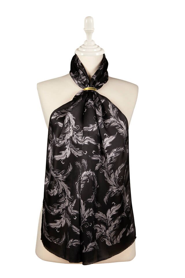 Black Leaf Pattern Silk Foulard 