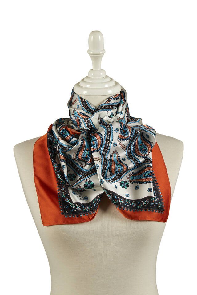 Black Orange Row Tulip Pattern Narrow Silky Foulard - 2