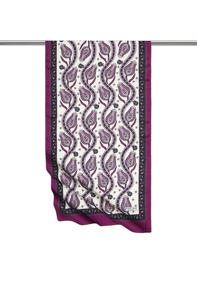 Black Purple Row Tulip Pattern Narrow Silky Foulard - 1