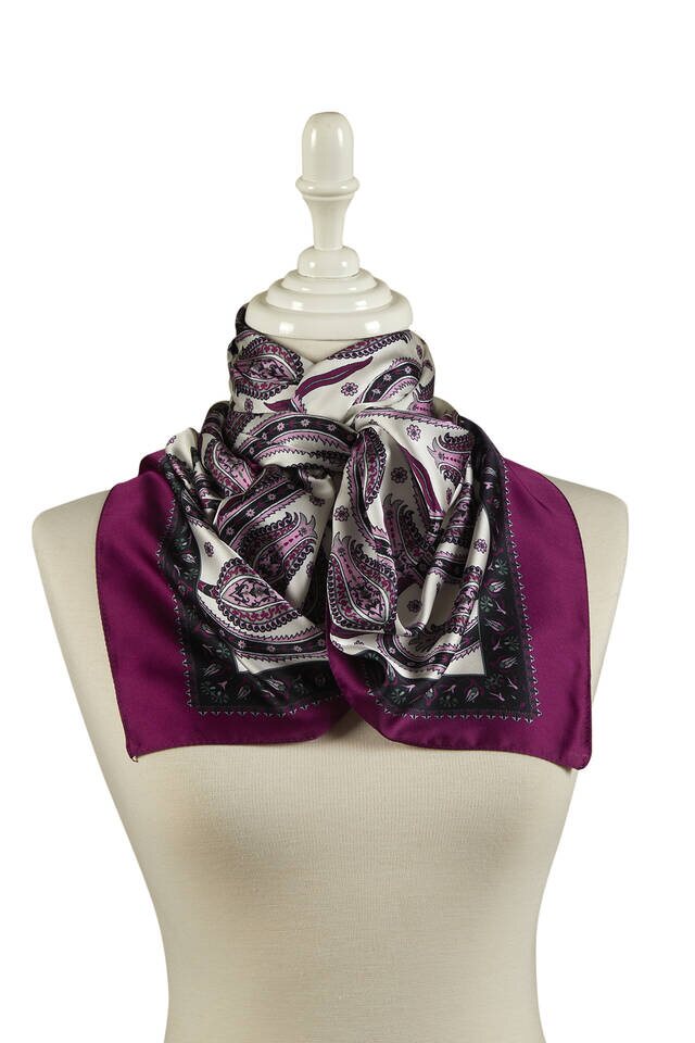 Black Purple Row Tulip Pattern Narrow Silky Foulard - 2