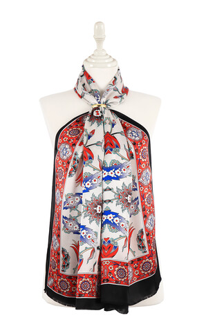 Black Red Efes Pattern Silk Foulard 
