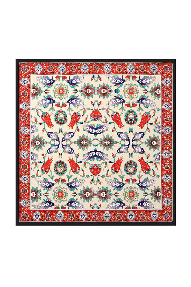 Black Red Efes Pattern Silk Square Scarf - 2