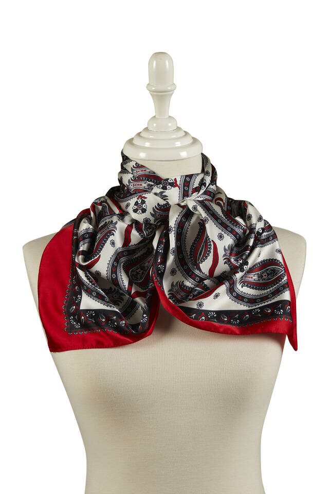 Black Red Row Tulip Pattern Narrow Silky Foulard - 2