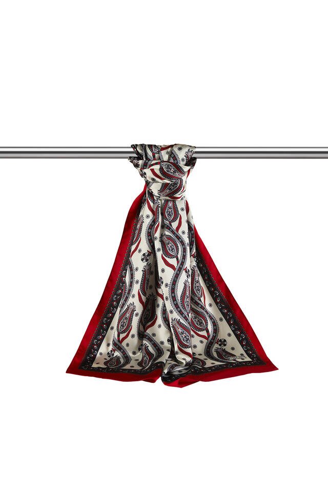 Black Red Row Tulip Pattern Narrow Silky Foulard - 3
