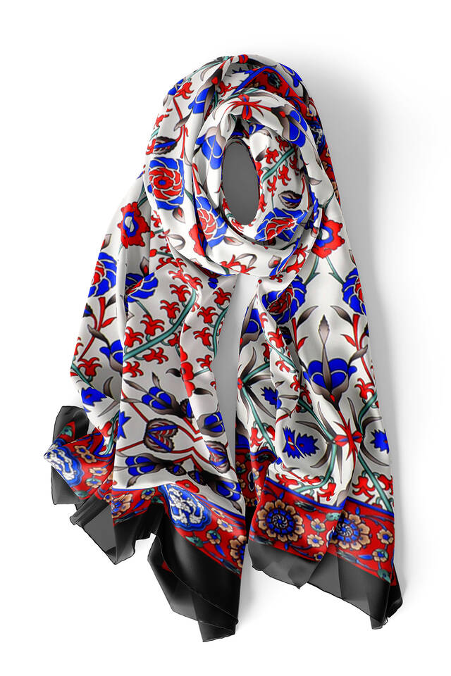 Black Red Selcuk Pattern Silk Foulard - 3
