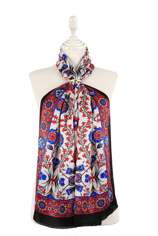 Black Red Selcuk Pattern Silk Foulard 