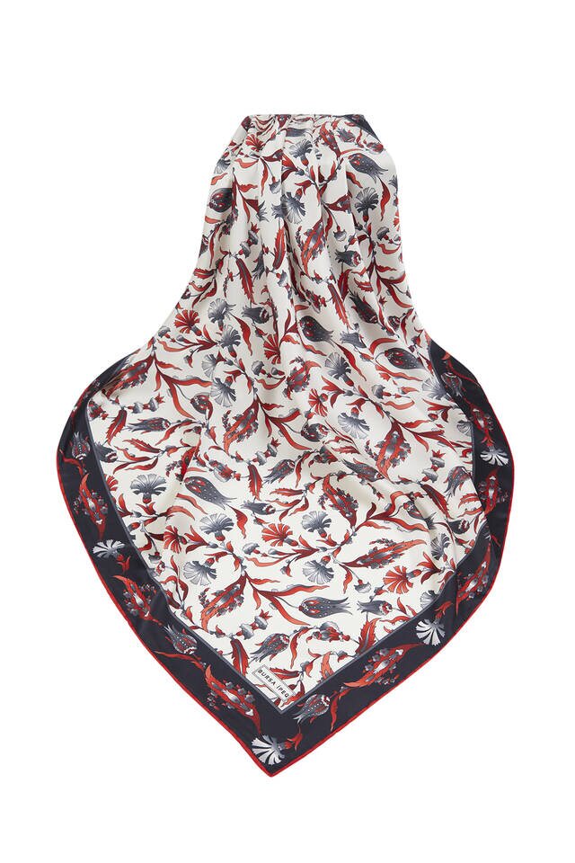 Black Red Turkish Pattern Carnation Tulip Pattern Silky Square Scarf - 3