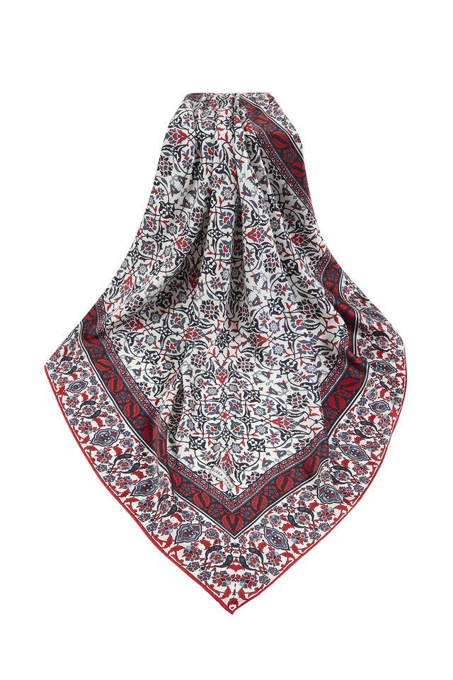 Black Red Turkish Patterned Tile Pattern Silk Square Scarf - 3