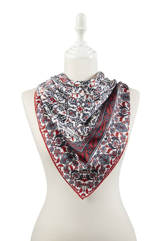 Black Red Turkish Patterned Tile Pattern Silk Square Scarf - 2