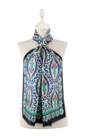 Black Saks Large Tulip Voile Silk Foulard 