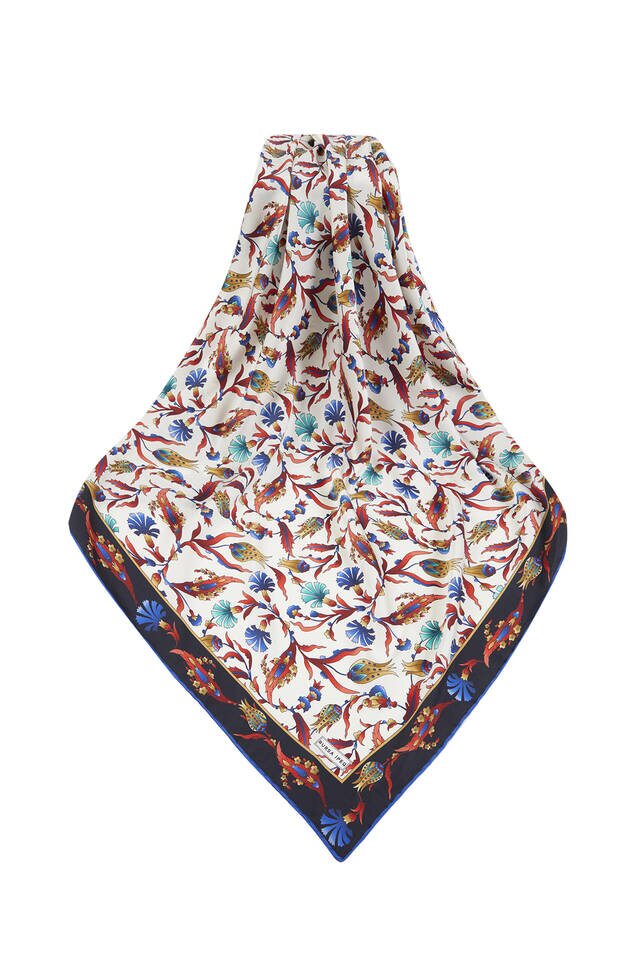Black Saks Turkish Pattern Carnation Tulip Pattern Silky Square Scarf - 3