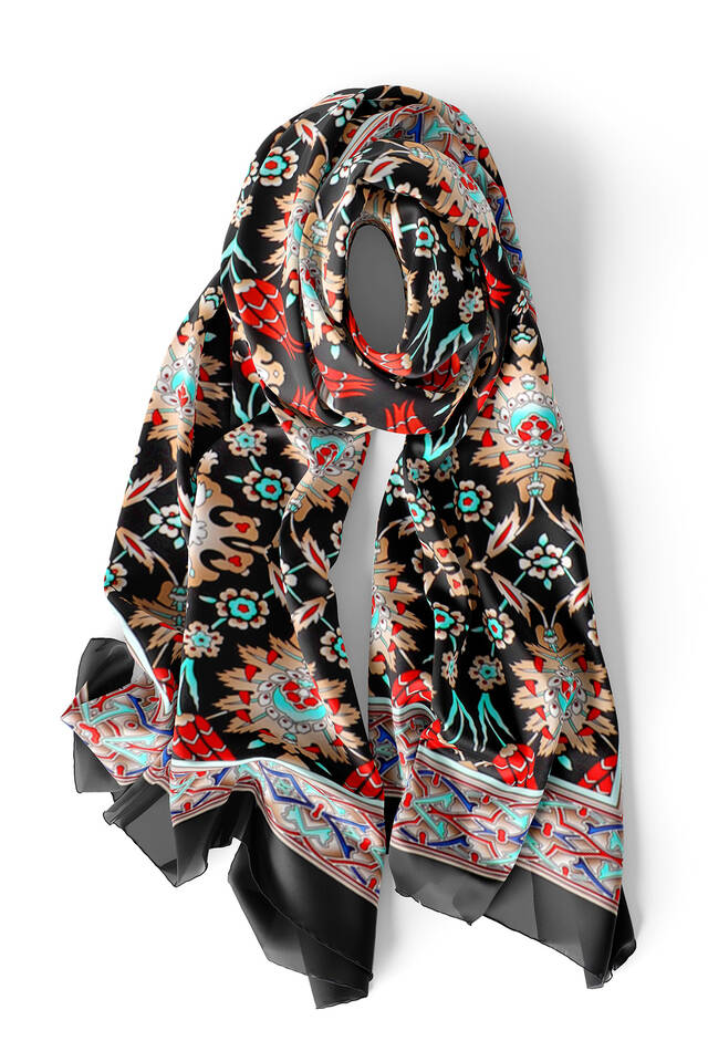 Black Tile Tulip Pattern Narrow Silk Foulard - 3