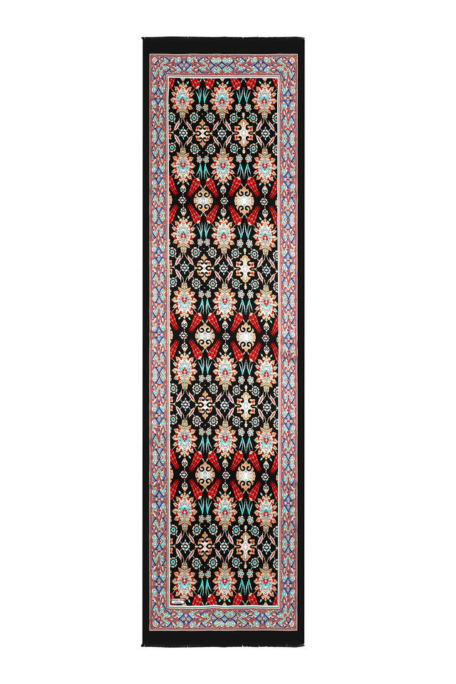 Black Tile Tulip Pattern Narrow Silk Foulard - 4