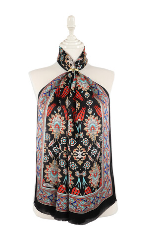 Black Tile Tulip Pattern Narrow Silk Foulard 