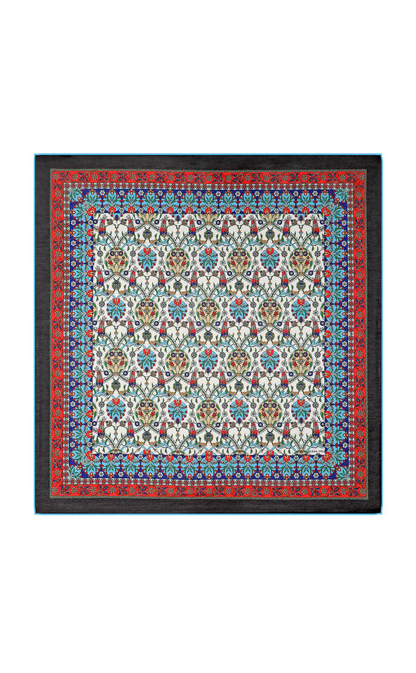 Black Tile Tulip Pattern Soft Square Scarf - Bursa İpek