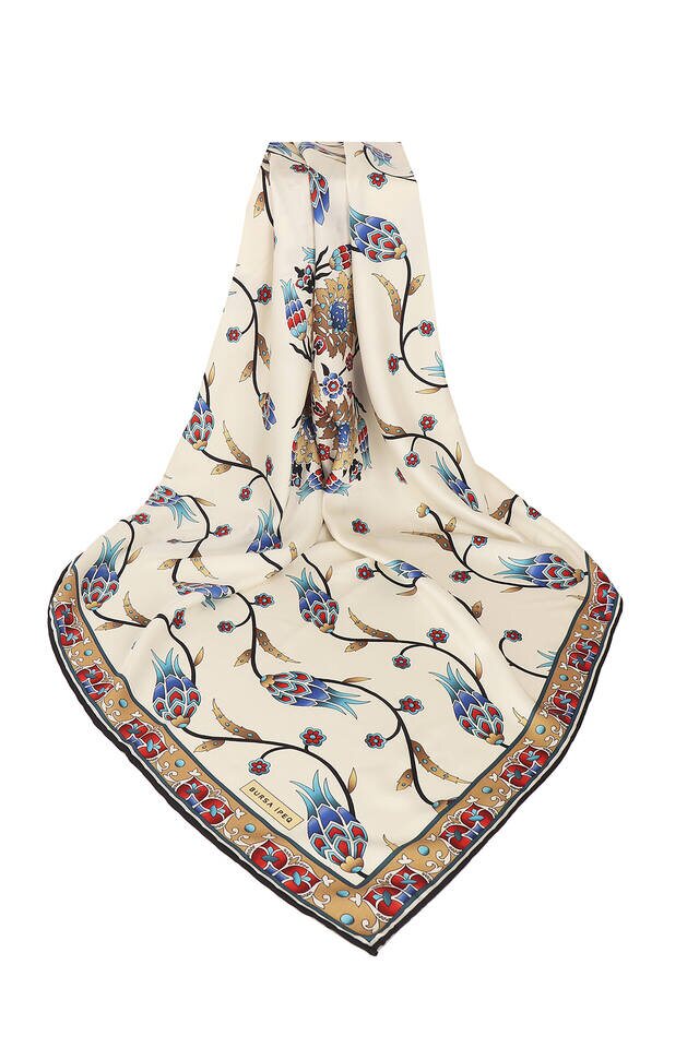 Black Tulip Pattern Silk Square Scarf - 3