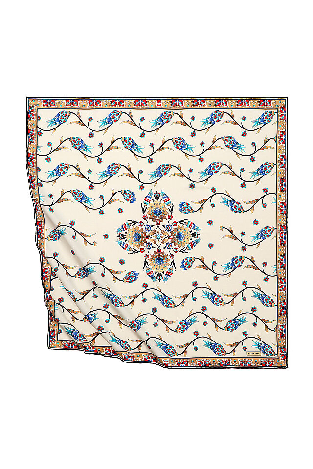 Black Tulip Pattern Silk Square Scarf 