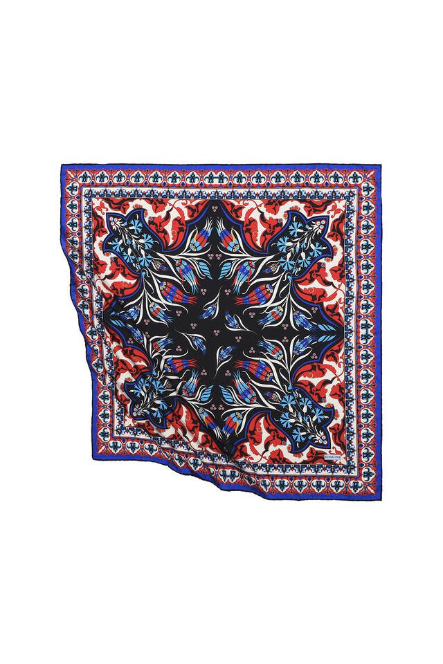 Black Turkish Pattern Cintemani Carnation Pattern Silky Square Scarf - 1