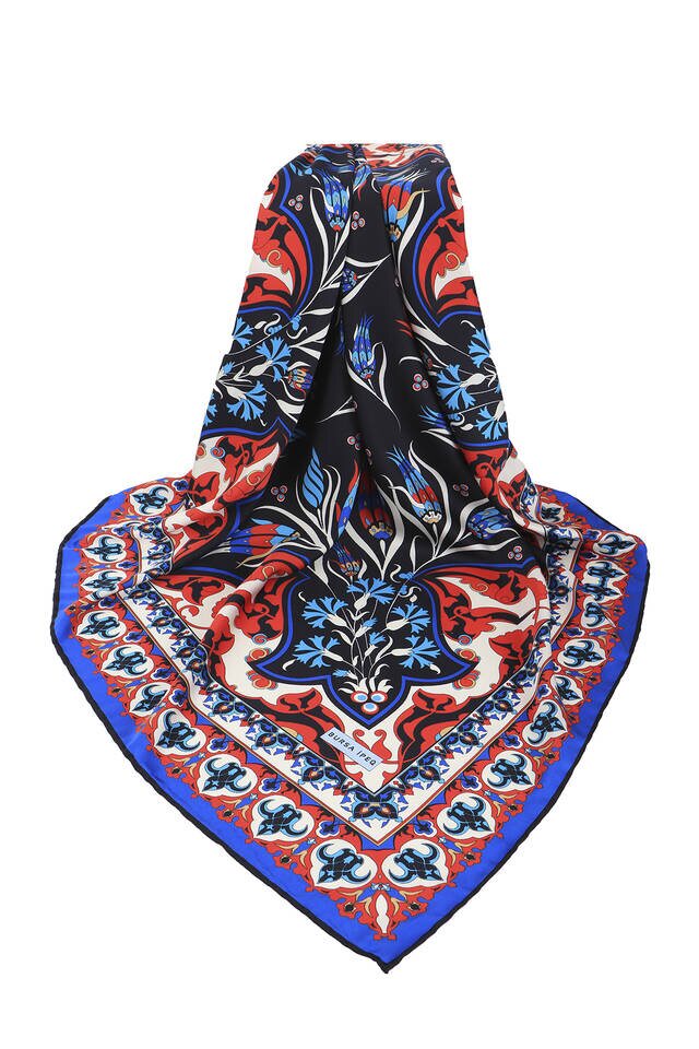 Black Turkish Pattern Cintemani Carnation Pattern Silky Square Scarf - 3