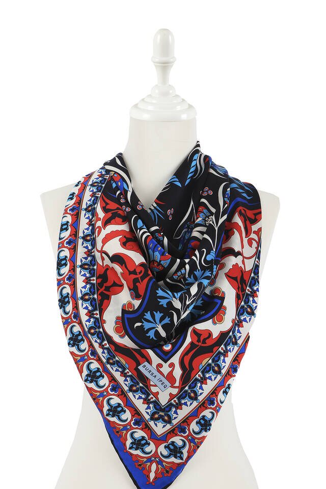 Black Turkish Pattern Cintemani Carnation Pattern Silky Square Scarf - 2