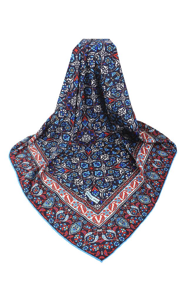 Black Turkish Patterned Tile Pattern Silk Square Scarf - 3