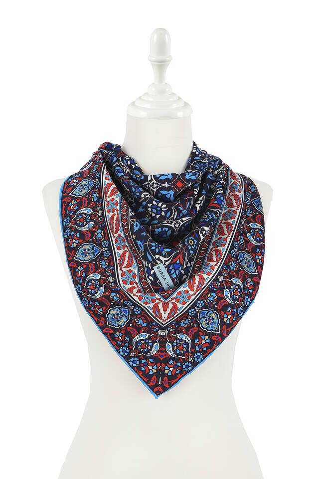 Black Turkish Patterned Tile Pattern Silk Square Scarf - 2